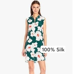 Equipment Femme Dress 100% Silk Floral Hidden Button Front Dark Green Size SP